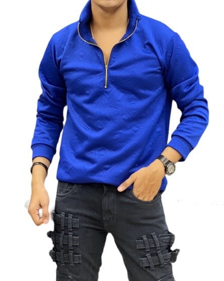 Popcorn Zip Collar T-Shirt - Royal Blue