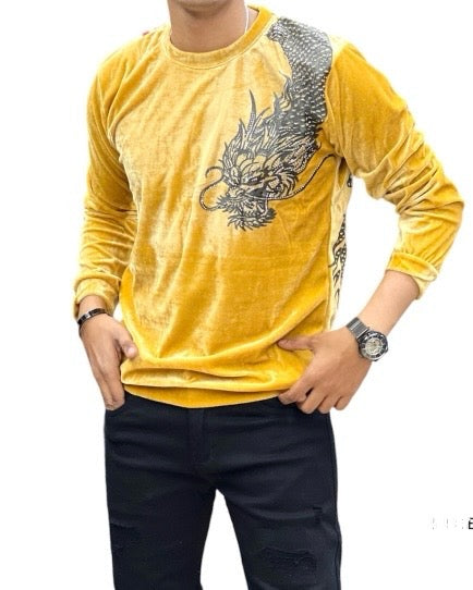 One Side Dragon Velvet Imp T-Shirt - Yellow