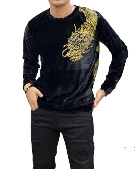 One Side Dragon Velvet Imp T-Shirt - Black