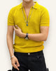 Line Knitted Zip Collar T-Shirt - Yellow