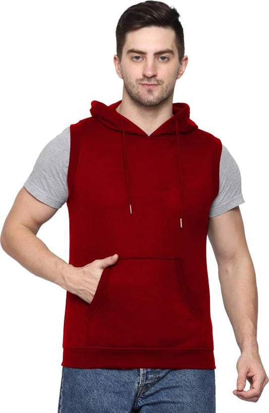 Men Sleeveless Solid Hooded Sweatshirt